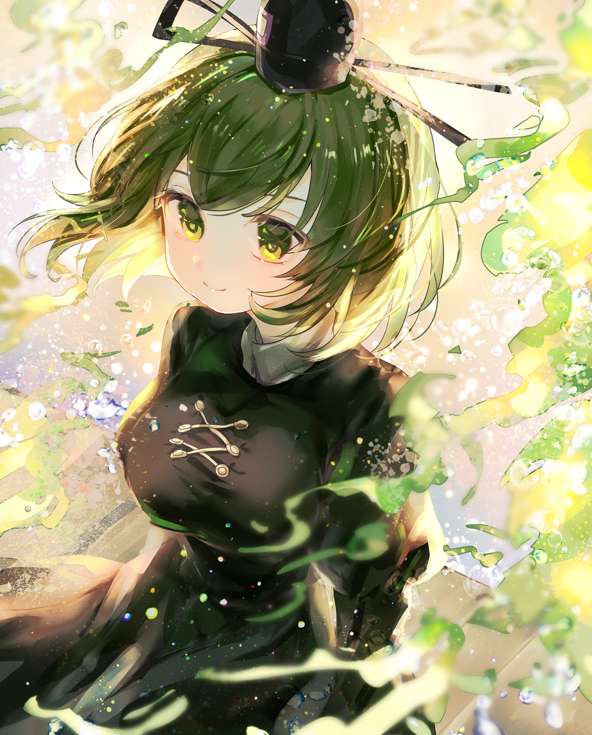 itsumizu, soga no tojiko, touhou, absurdres, commentary request, highres, 1girl, black hat, breasts, closed mouth, dress, green dress, green eyes, green hair, hat, juliet sleeves, long sleeves, ofuda, ofuda on clothes, puffy sleeves, short hair, smile, solo, tate eboshi, upper body