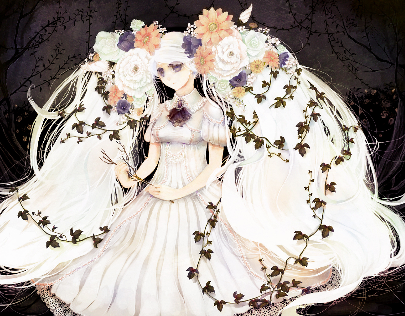 manbou no suiso, original, bad id, bad pixiv id, 1girl, ascot, branch, brooch, dress, expressionless, female focus, flower, hair flower, hair ornament, holding, jewelry, lace, leaf, long hair, plant, purple eyes, rose, short sleeves, solo, twintails, very long hair, vines, white dress, white flower, white hair, white rose