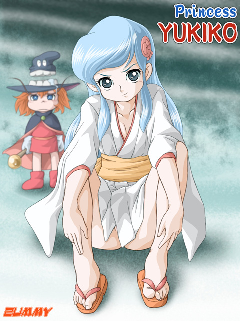 zummy, chapeauji, enma-kun, yukiko hime, dororon enma-kun, bad id, bad pixiv id, 1boy, 1girl, blue eyes, blue hair, boots, cape, collarbone, drooling, feet, hair ornament, hairclip, hat, japanese clothes, kimono, long hair, no panties, orange hair, saliva, sandals, sitting, staff, teeth, witch hat, yukata, yuki onna, zouri
