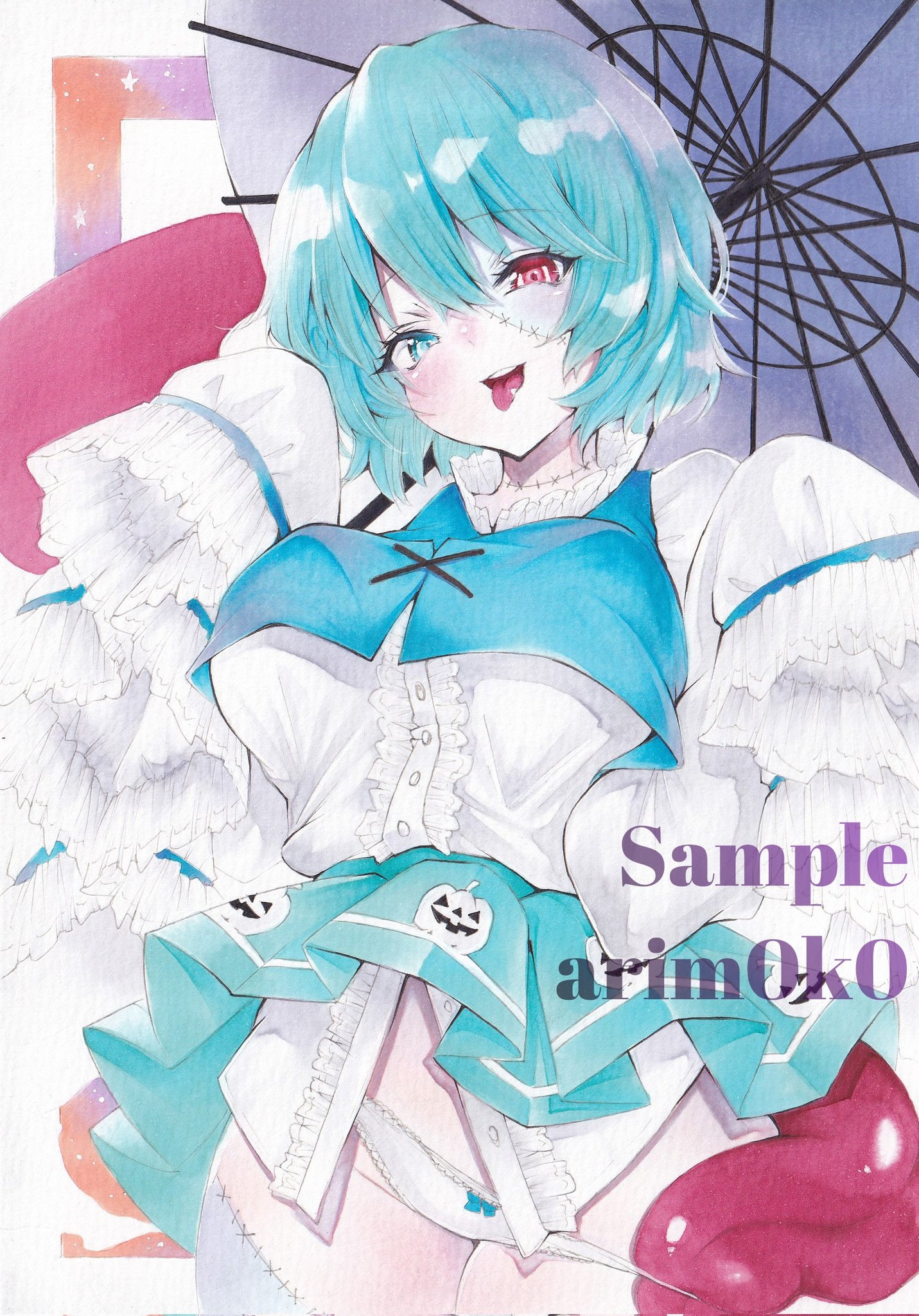 arim0k0, tatara kogasa, touhou, commentary, highres, marker (medium), traditional media, 1girl, blue hair, blue skirt, breasts, cross-laced clothes, halloween, halloween costume, holding, holding umbrella, jack-o'-lantern print, open mouth, panties, purple umbrella, scar, scar on face, short hair, skirt, solo, tongue, tongue out, umbrella, underwear, white panties