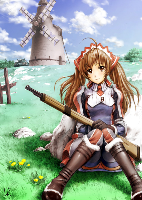 lb, alicia melchiott, sega, senjou no valkyria, senjou no valkyria (series), senjou no valkyria 1, vehicle, 00s, 1girl, boots, brown eyes, brown hair, cloud, day, female focus, fence, flower, gloves, grass, gun, headdress, knee boots, long hair, military, military uniform, military vehicle, motor vehicle, panties, pink panties, rifle, rock, signature, sitting, sky, smile, solo, tank, thighhighs, tree, twintails, underwear, upskirt, weapon, windmill