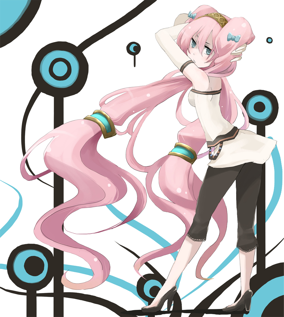 tansuke, megurine luka, vocaloid, alternate hairstyle, aqua eyes, casual, hair ribbon, long hair, looking back, pink hair, ribbon, solo, twintails, very long hair