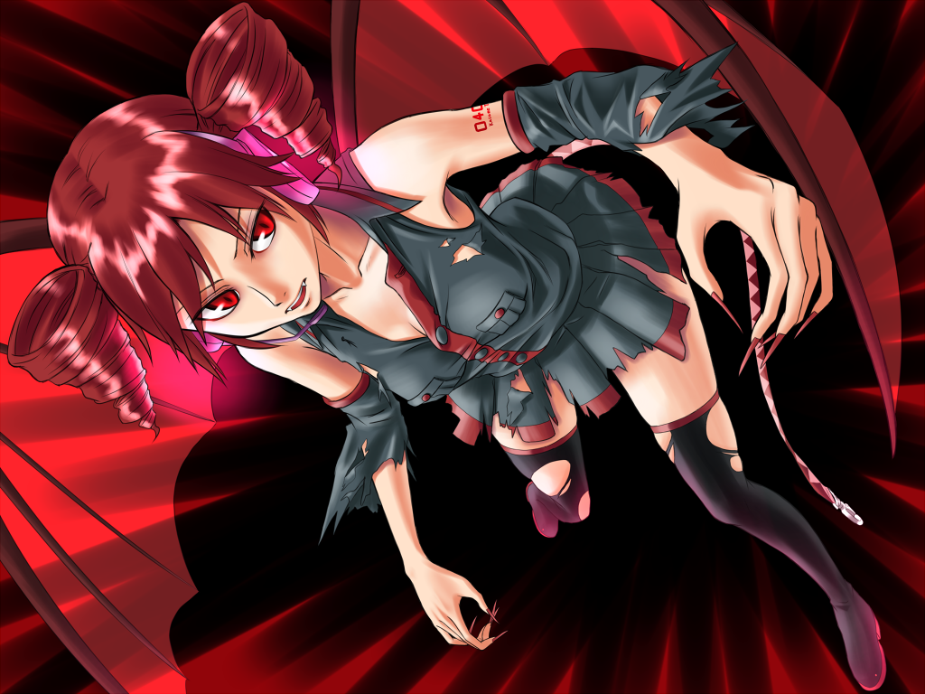 sukua, tk28, kasane teto, kasane teto (utau), utau, vocaloid, 1girl, bat wings, claws, demon girl, detached sleeves, drill hair, fangs, female focus, headphones, red eyes, red hair, skirt, solo, thighhighs, torn clothes, twin drills, twintails, wings