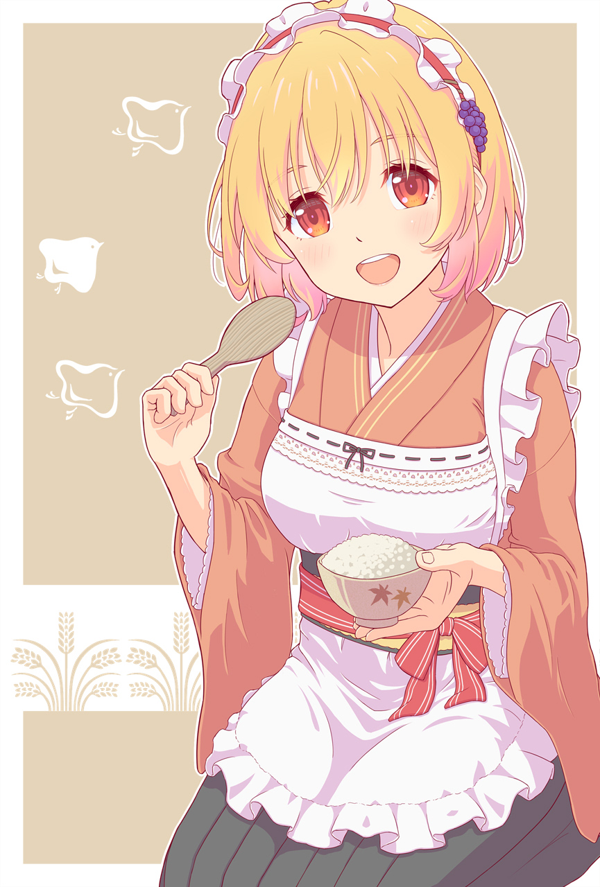 yamaneko (lige), aki minoriko, touhou, highres, 1girl, apron, black skirt, blonde hair, bowl, holding, holding bowl, japanese clothes, kimono, looking at viewer, maid, maid headdress, orange kimono, red eyes, short hair, skirt, smile, solo, wa maid, white apron, wide sleeves
