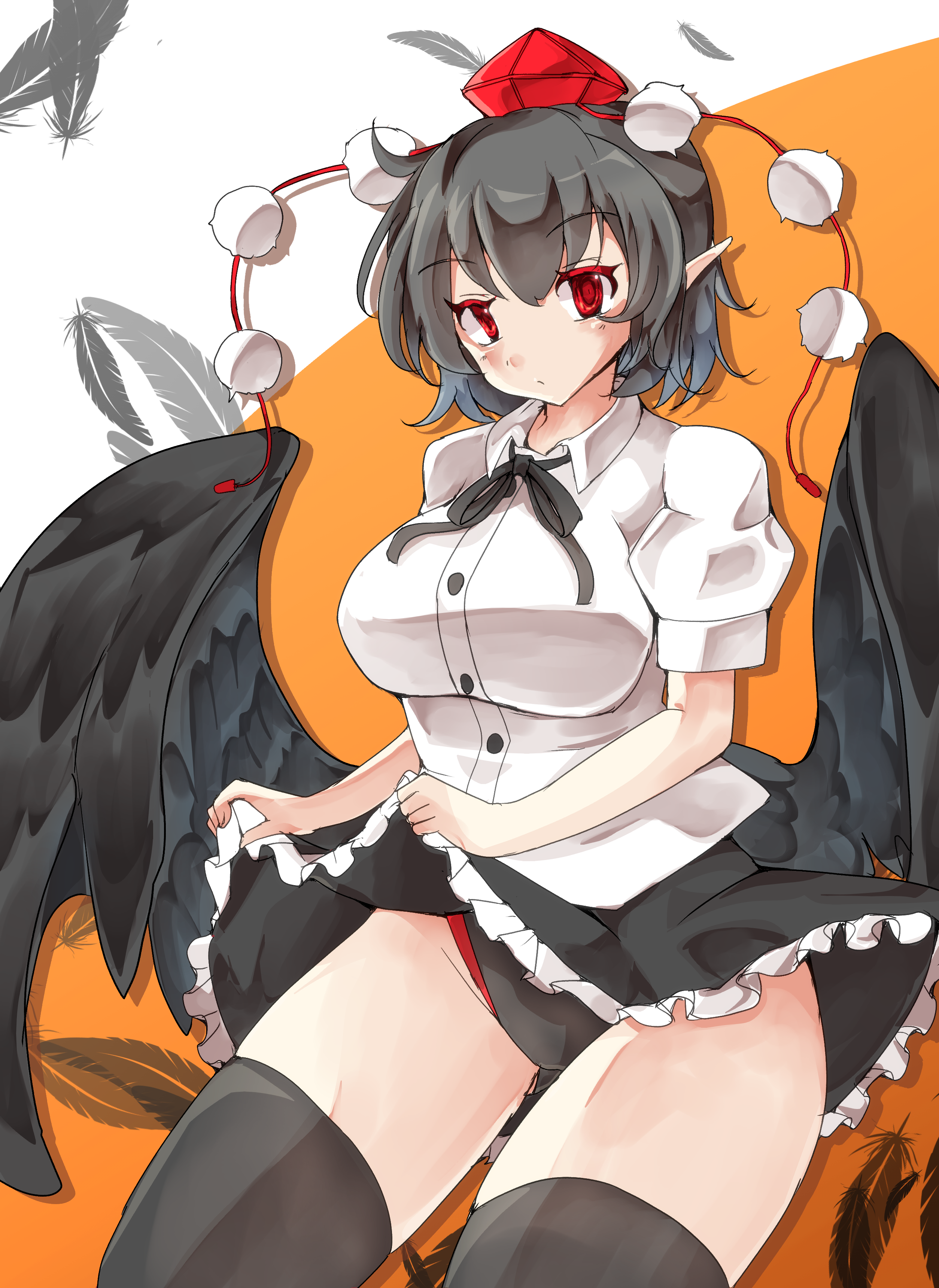 jyaoh0731, shameimaru aya, touhou, absurdres, commentary request, highres, 1girl, bird wings, black feathers, black hair, black one-piece swimsuit, black thighhighs, black wings, feathers, hat, one-piece swimsuit, pointy ears, pom pom (clothes), red eyes, red hat, short hair, solo, swimsuit, thighhighs, tokin hat, wings