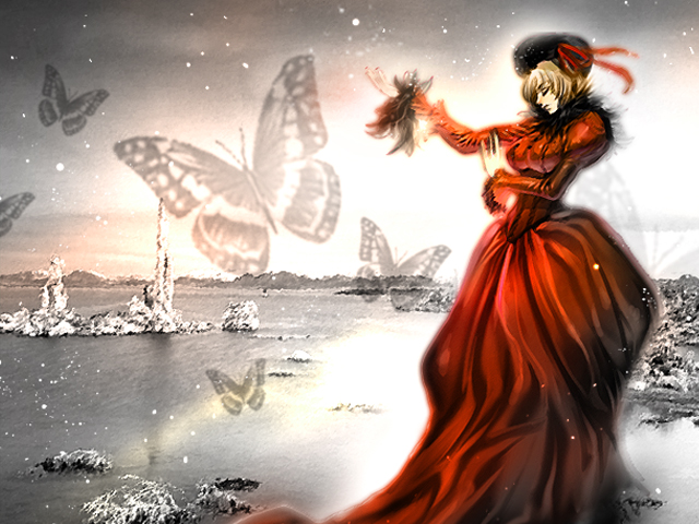 yumeji kiriko, meiko (vocaloid), vocaloid, bad id, bad pixiv id, 1girl, brown hair, bug, butterfly, closed eyes, dress, female focus, hat, insect, outdoors, short hair, sky, snow, solo