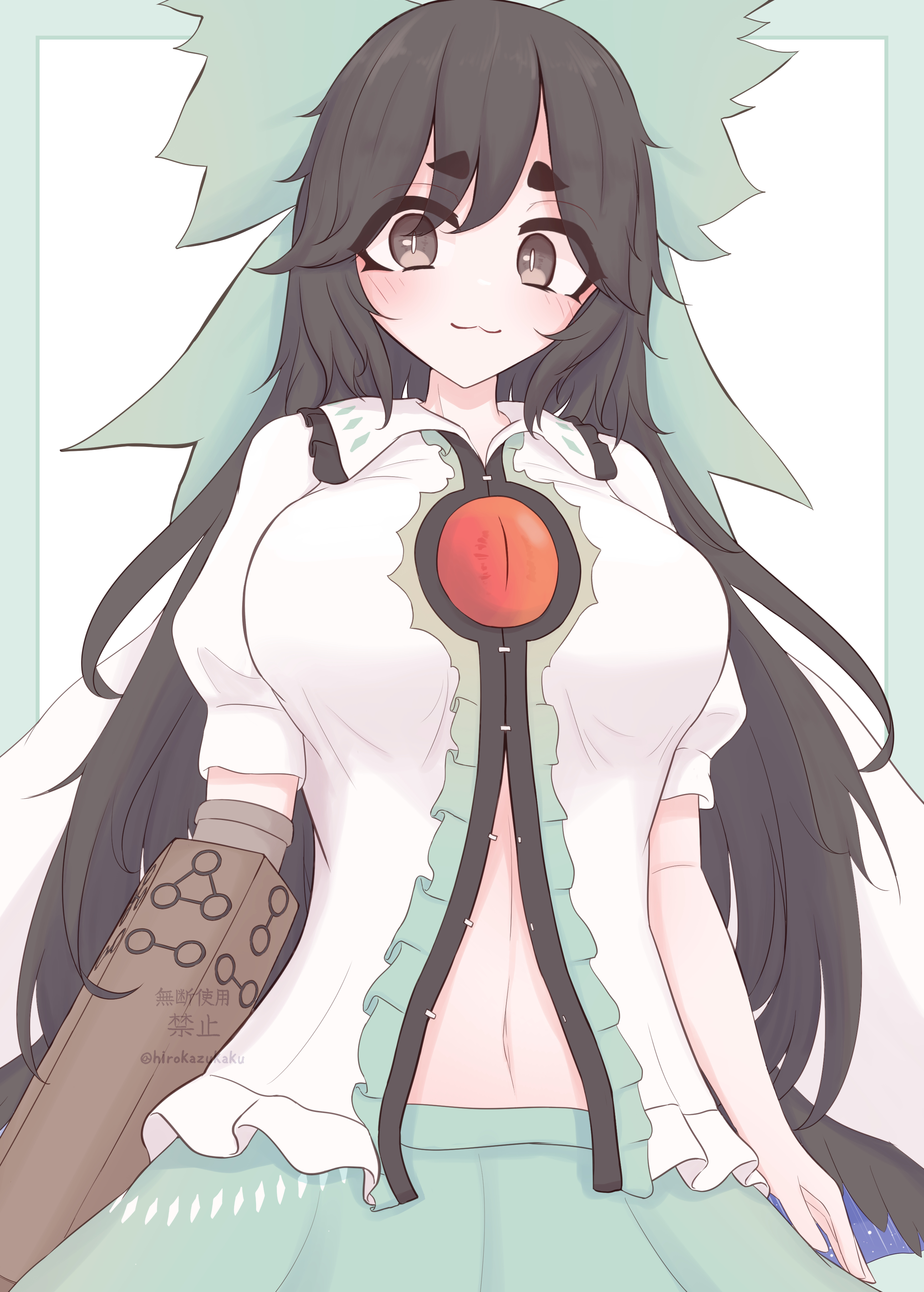 hirokazukaku, reiuji utsuho, touhou, absurdres, highres, 1girl, :3, arm cannon, black hair, blush, border, bow, bright pupils, brown eyes, cape, closed mouth, green border, green bow, green skirt, hair bow, long hair, looking at viewer, navel, shirt, short eyebrows, simple background, skirt, solo, third eye, weapon, white background, white pupils, white shirt