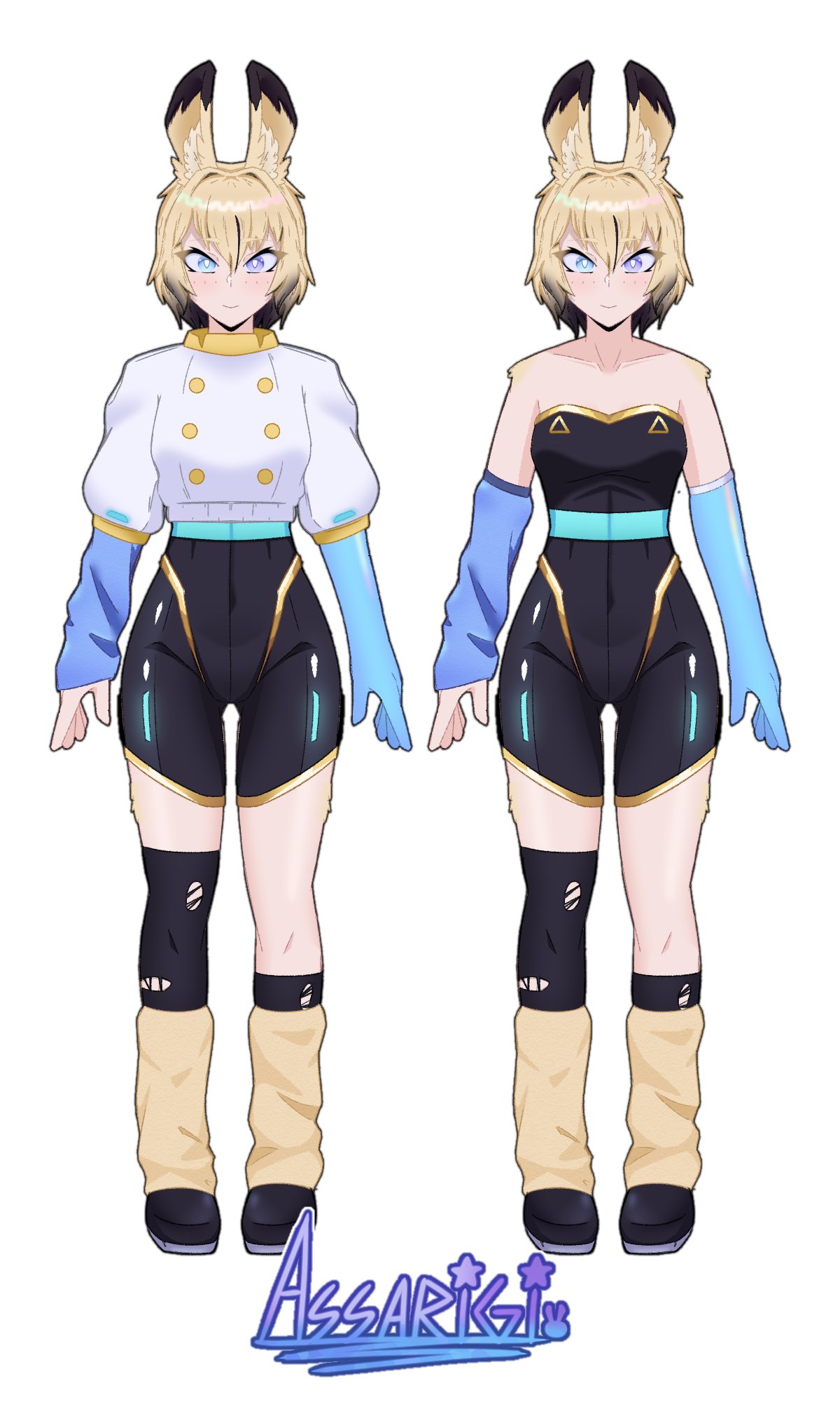 original, highres, self-upload, 1girl, animal ear fluff, animal ears, arm warmers, assarigi, black leotard, black shoes, blonde hair, cropped hoodie, elyra (assarigi), heterochromia, hood, hoodie, kneehighs, leg warmers, leotard, multicolored hair, neon trim, prosthesis, prosthetic arm, rabbit ears, rabbit girl, shoes, short hair, short sleeves, socks