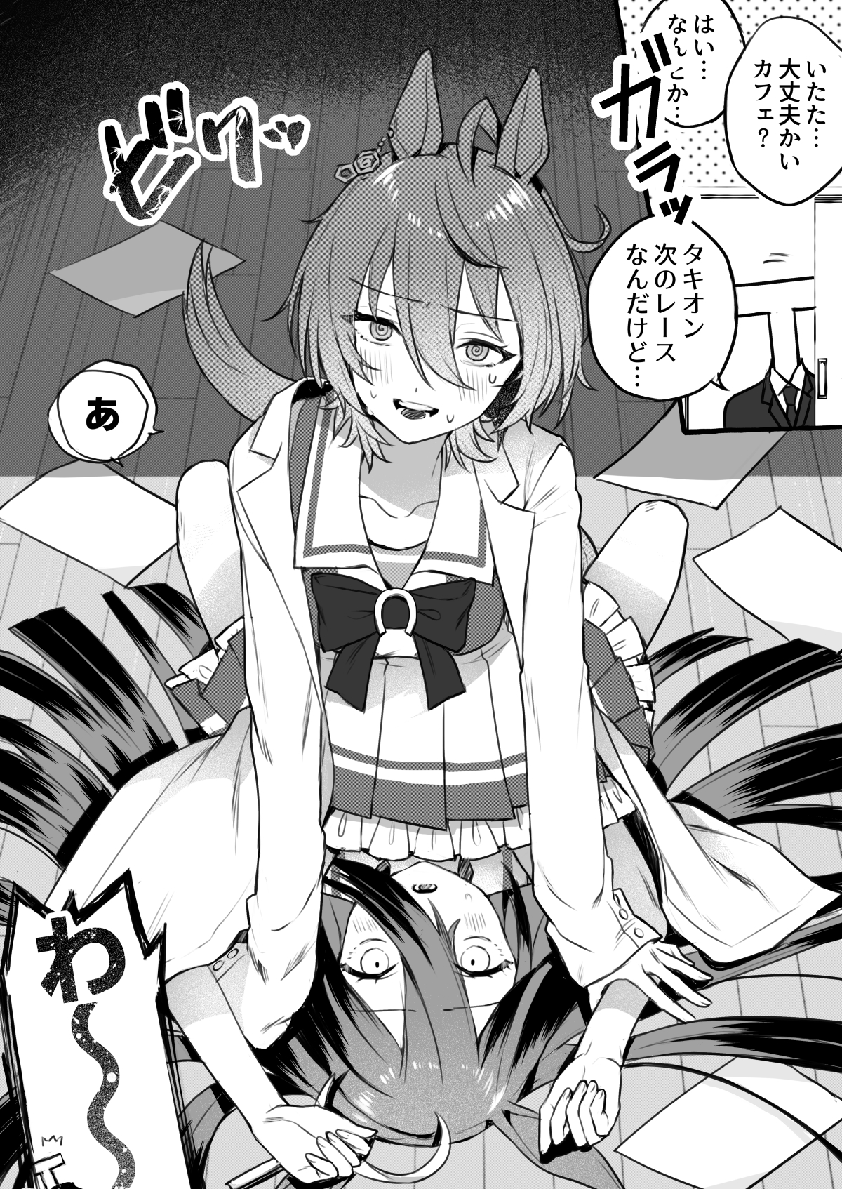 nochatea, agnes tachyon (umamusume), manhattan cafe (umamusume), t-head trainer (umamusume), trainer (umamusume), umamusume, highres, translation request, 1boy, 2girls, animal ears, arms up, blush, bow, bowtie, breasts, chemical structure, door, ear tag, earrings, grabbing another's arm, greyscale, hair between eyes, hair spread out, horse ears, horse girl, horse tail, jewelry, lab coat, large breasts, long bangs, long hair, long hair between eyes, lying, medium hair, monochrome, motion lines, multiple girls, on back, on floor, open mouth, paper, pleated skirt, sailor collar, school uniform, shirt, single earring, skirt, sleeves past fingers, sleeves past wrists, straddling, sweatdrop, tail, teeth, tracen school uniform, upper teeth only, very long hair, walk-in, wooden floor, yuri