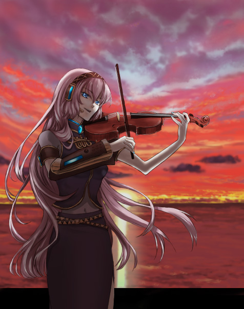 iizuka, megurine luka, vocaloid, blue eyes, instrument, long hair, pink hair, solo, sunset, violin
