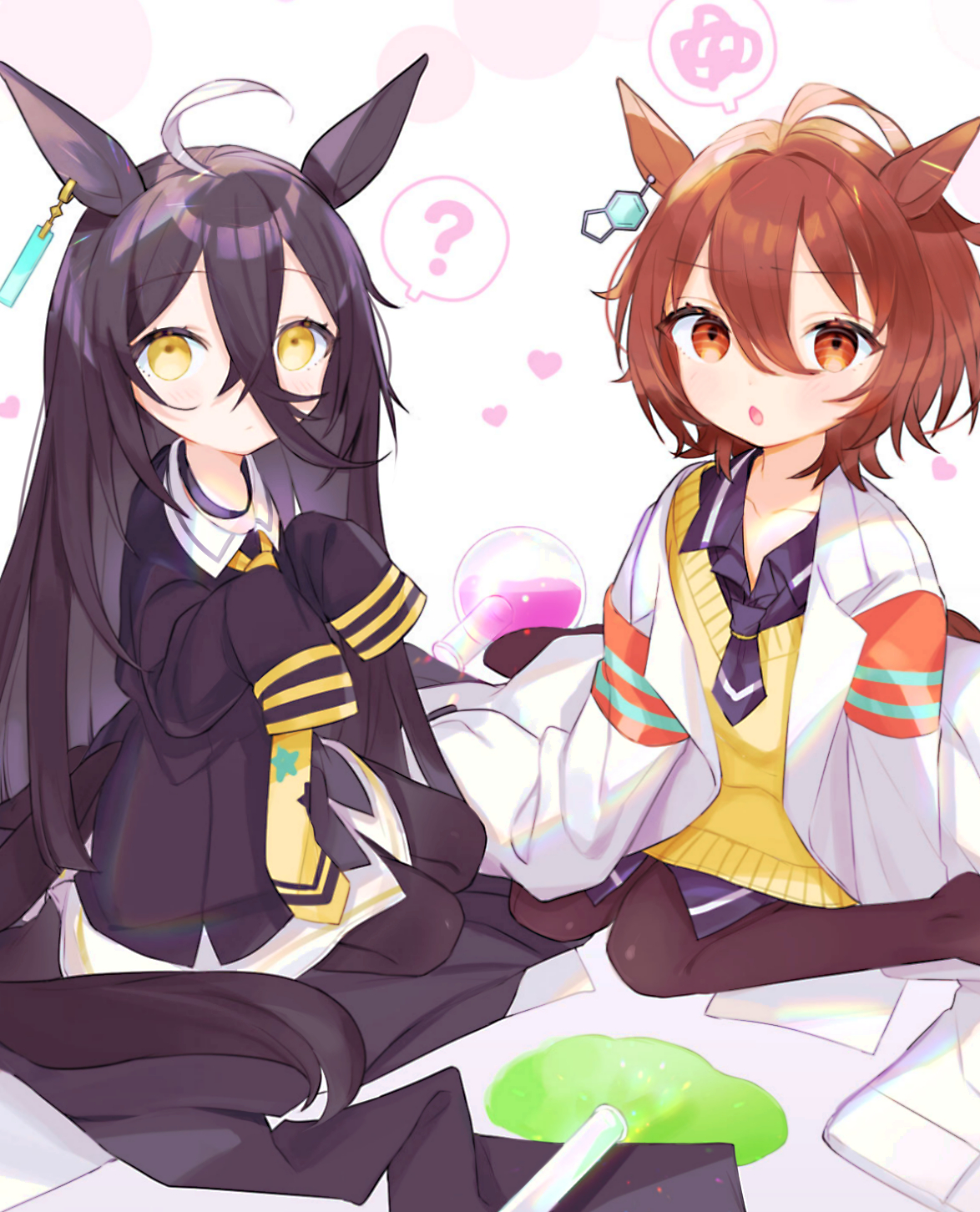 nochatea, agnes tachyon (tach-nology) (umamusume), agnes tachyon (umamusume), manhattan cafe (creeping black) (umamusume), manhattan cafe (umamusume), umamusume, highres, 2girls, ?, aged down, ahoge, animal ears, black choker, black coat, black hair, black pantyhose, black shirt, brown hair, chemise, choker, closed mouth, coat, collared shirt, crossed bangs, ear tag, earrings, hair between eyes, horse ears, horse girl, horse tail, huge ahoge, jewelry, lab coat, long bangs, long hair, long hair between eyes, long sleeves, looking at viewer, multicolored hair, multiple girls, necktie, on ground, open clothes, open coat, oversized clothes, pantyhose, parted lips, red eyes, seiza, shirt, short hair, single earring, sitting, sleeves past fingers, sleeves past wrists, speech bubble, spoken question mark, spoken squiggle, squiggle, sweater, tail, very long hair, wariza, white chemise, white coat, white hair, white shirt, yellow eyes, yellow necktie, yellow sweater
