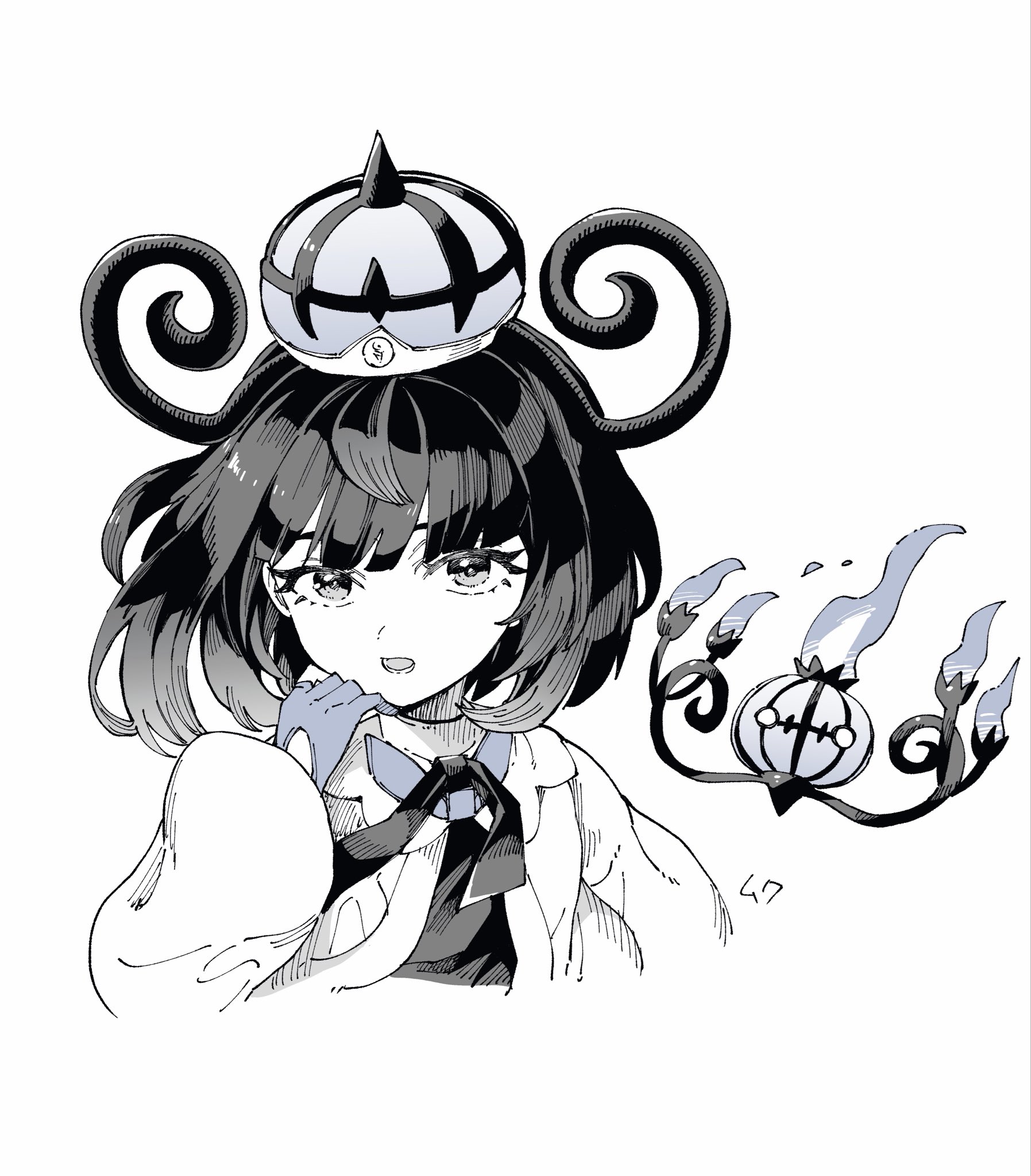 sharumon, chandelure, gwynn (pokemon), nintendo, pokemon, pokemon legends: z-a, commentary request, highres, 1girl, bob cut, coat, cropped torso, eyelashes, gen 5 pokemon, gloves, greyscale, hat, long sleeves, looking at viewer, monochrome, open clothes, open coat, open mouth, partially fingerless gloves, pokemon (creature), short hair, spot color, upper body
