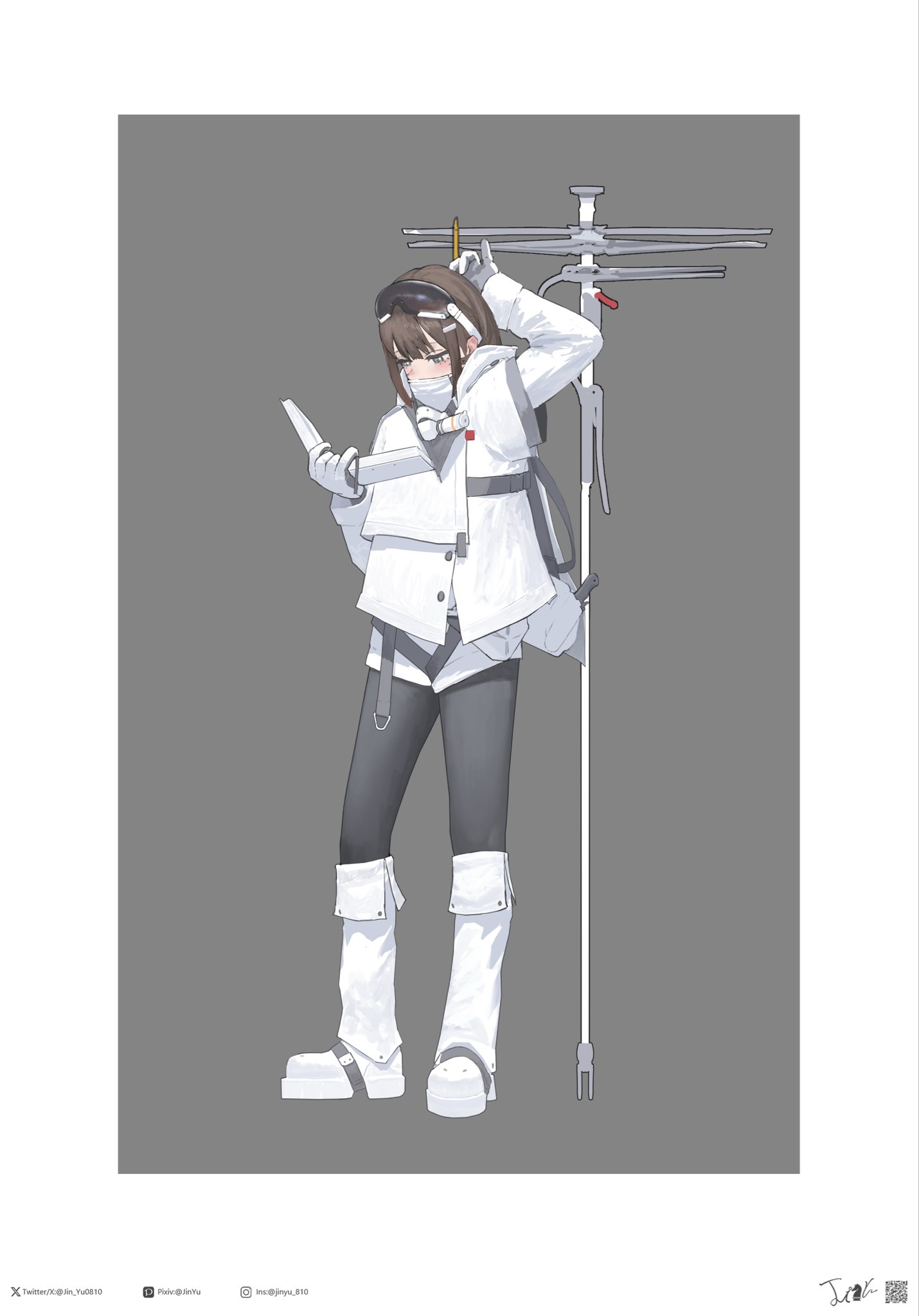 jin yu0810, original, highres, 1girl, arm up, artist name, black pants, border, brown hair, cape, eyewear on head, full body, grey background, grey eyes, holding, holding pencil, instagram logo, instagram username, jacket, long hair, long sidelocks, long sleeves, looking at object, mask, mouth mask, pants, pencil, pixiv logo, shoes, sidelocks, signature, simple background, solo, standing, surgical mask, twitter username, twitter x logo, white border, white cape, white jacket, white shoes