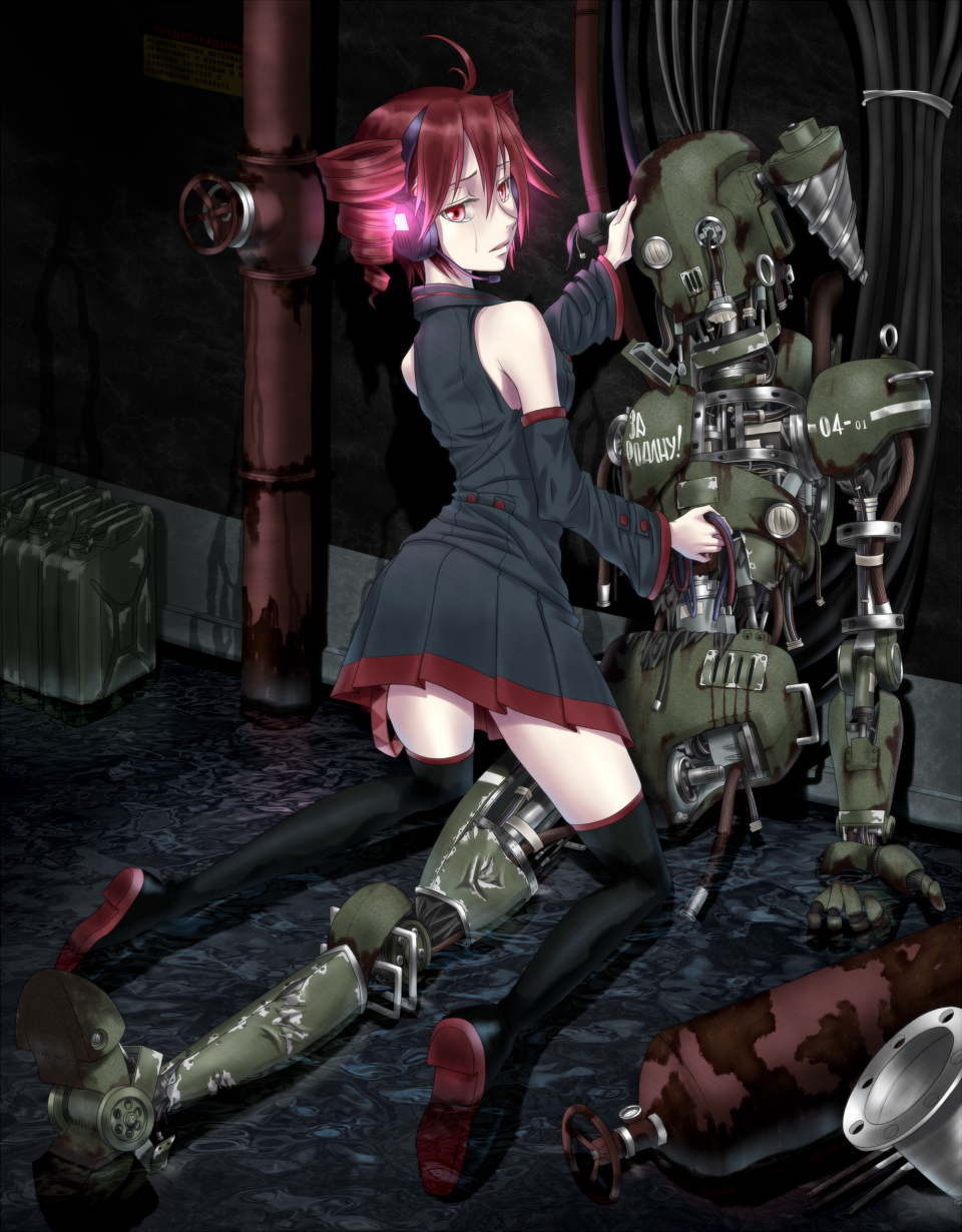 sukua, tk28, kasane teto, kasane teto (utau), utau, vocaloid, highres, 1girl, ahoge, android, broken, cyrillic, detached sleeves, drill hair, headphones, kneeling, looking back, microphone, red eyes, red hair, russian text, skirt, tears, thighhighs, twin drills, twintails