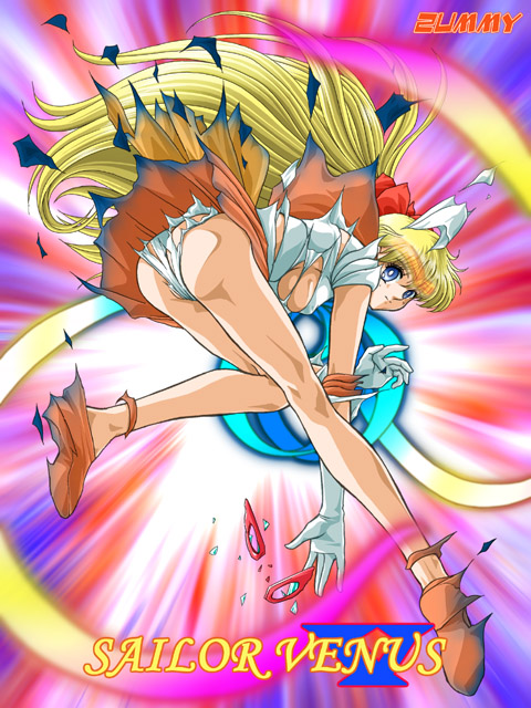 zummy, aino minako, sailor venus, bishoujo senshi sailor moon, bad id, bad pixiv id, 1990s (style), 1girl, ass, blonde hair, blue eyes, bow, breasts, character name, circlet, elbow gloves, female focus, gloves, hair bow, legs, long hair, magical girl, orange skirt, panties, pantyshot, red bow, retro artstyle, sideboob, skirt, solo, tiara, torn clothes, underwear, white gloves, white panties