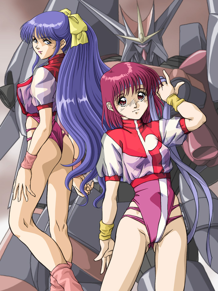 zummy, amano kazumi, gunbuster, takaya noriko, top wo nerae!, top wo nerae! (series), bad id, bad pixiv id, 2girls, ass, blue eyes, blue hair, bow, brown eyes, hair ribbon, leotard, lipstick, long hair, makeup, mecha, multiple girls, pink hair, ponytail, ribbon, robot, short hair, smile, super robot, very long hair, wristband, yellow bow