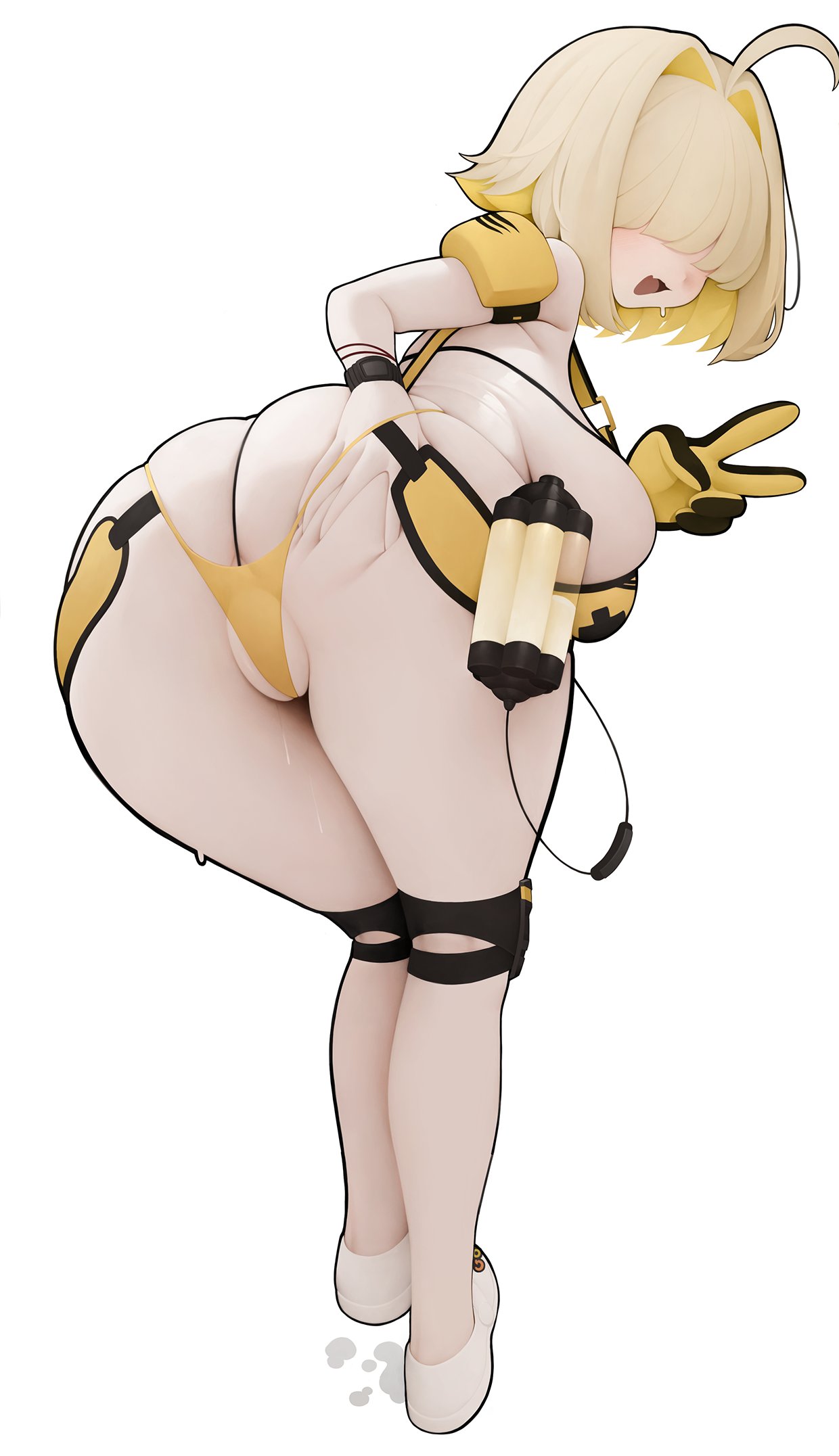 rabbit (wlsdnjs950), elegg (nikke), goddess of victory: nikke, highres, 1girl, :3, ahoge, ass, blonde hair, breasts, gloves, grabbing own ass, hair intakes, hair over eyes, large breasts, looking at viewer, looking back, skindentation, solo, swimsuit, thick thighs, thighs, v, white background, wide hips
