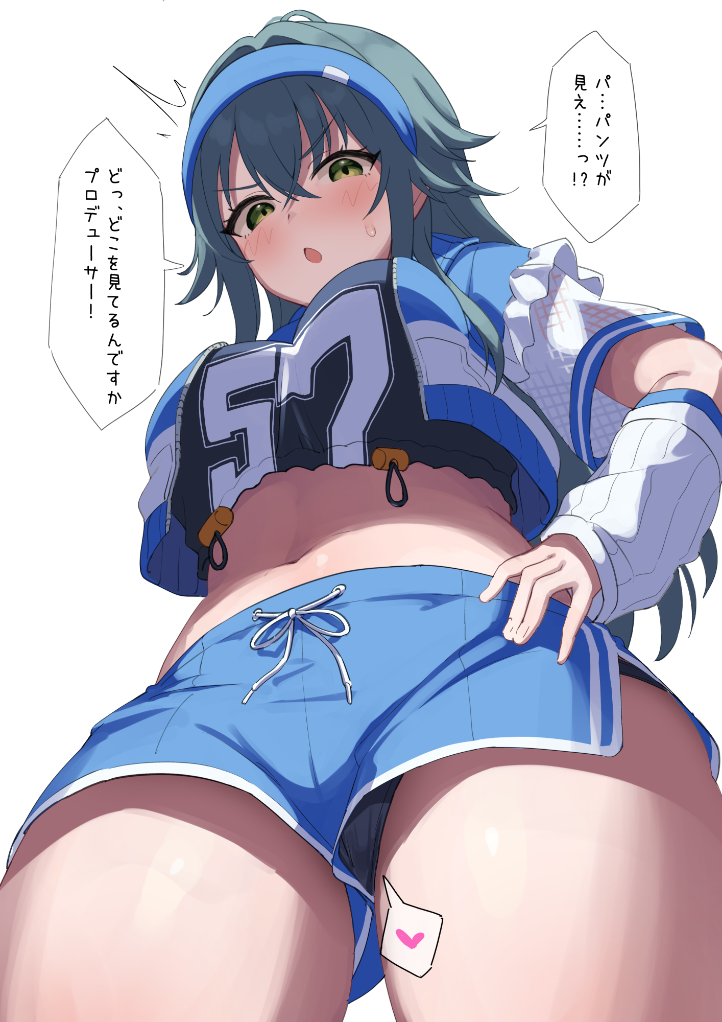 no3 exit, tsukimura temari, gakuen idolmaster, idolmaster, highres, 1girl, angry, aqua hair, black bra, black panties, blue shirt, blue shorts, blush, bra, bra peek, breasts, crossed bangs, curvy, green eyes, headband, looking at viewer, medium breasts, navel, open mouth, panties, panty peek, shirt, shorts, simple background, solo, thick thighs, thighs, underwear, v-shaped eyebrows, white background