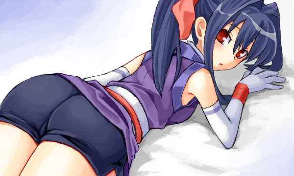 hikabe sakuho, yuuyami no mikazuki, shinrabanshou, 1girl, ass, bike shorts, blue hair, blush, drawr, elbow gloves, female focus, gloves, long hair, looking back, lying, ninja, oekaki, on stomach, ponytail, red eyes, solo