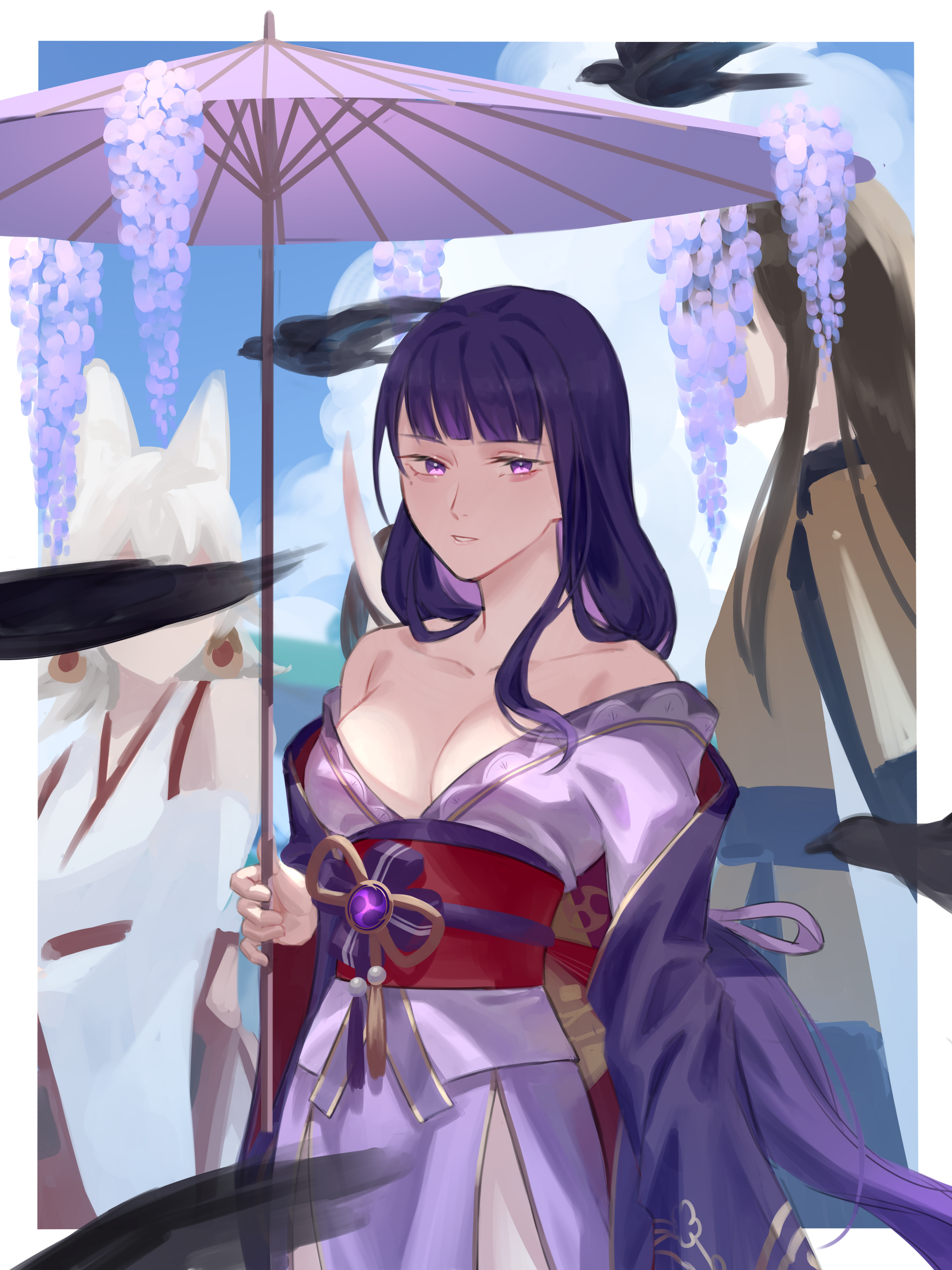 sabergoetia, chiyo (genshin impact), kitsune saiguu, raiden shogun, sasayuri (genshin impact), genshin impact, absurdres, highres, 1boy, 3girls, back bow, bare shoulders, bird, black bird, blue sky, blunt bangs, blurry, blurry background, bow, breasts, cleavage, cloud, cloudy sky, coat, collarbone, crow, electro symbol (genshin impact), faceless, faceless female, faceless male, flower, friends, from side, gradient hair, holding, holding umbrella, japanese clothes, kimono, large breasts, long hair, looking to the side, mitsudomoe (shape), mole, mole under eye, multicolored hair, multiple girls, off shoulder, oil-paper umbrella, open clothes, open coat, outdoors, parted lips, purple eyes, purple hair, purple kimono, red sash, sash, shade, side slit, sky, solo focus, standing, thighs, tomoe (symbol), umbrella, upper body, wide sleeves, wisteria