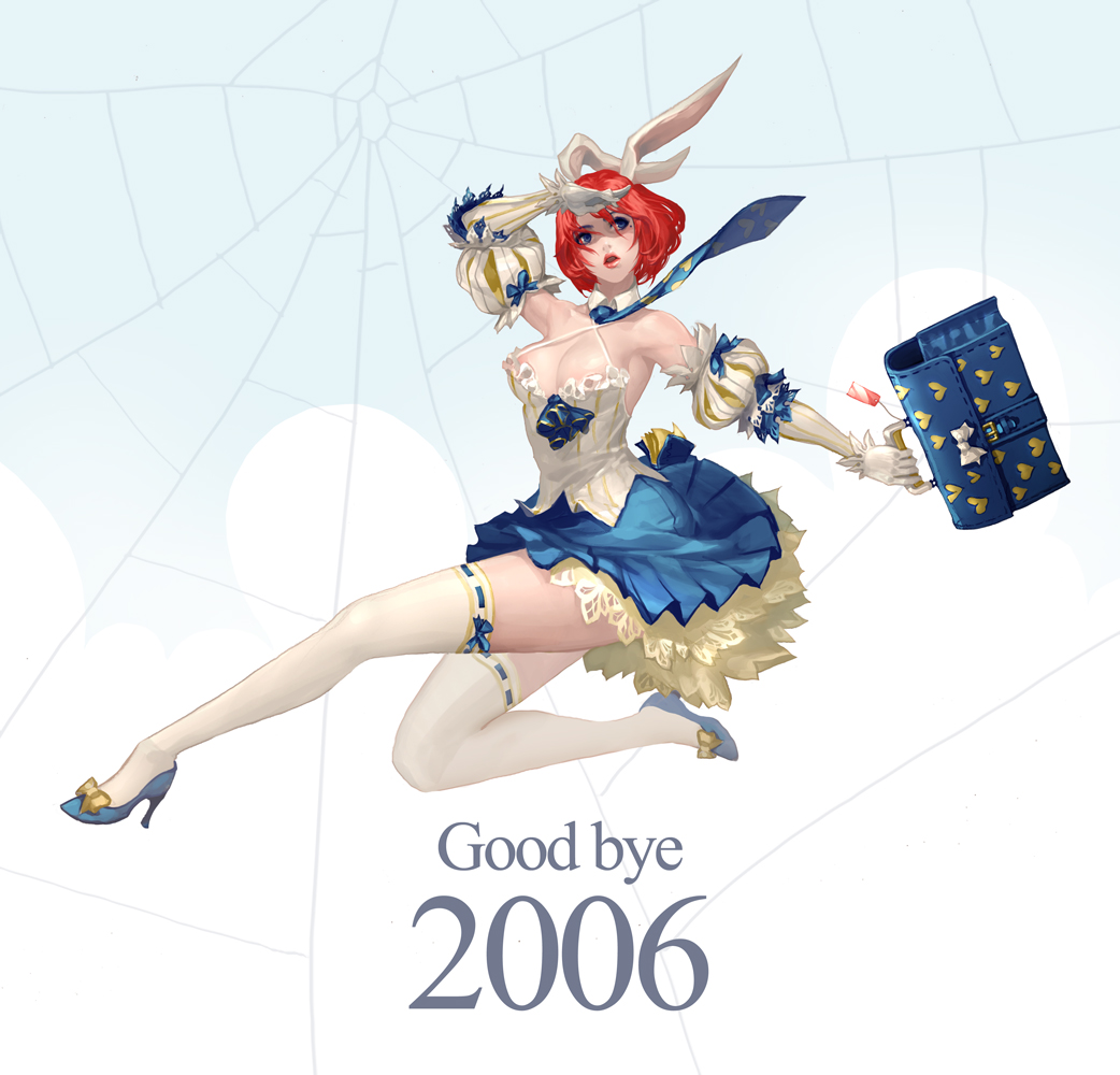 jj (yadz01), animal ears, bag, blue eyes, blush, breasts, cleavage, detached sleeves, dress, gloves, jumping, large breasts, mole, mole under eye, necktie, rabbit ears, red hair, satchel, short hair, solo, thighhighs, white thighhighs