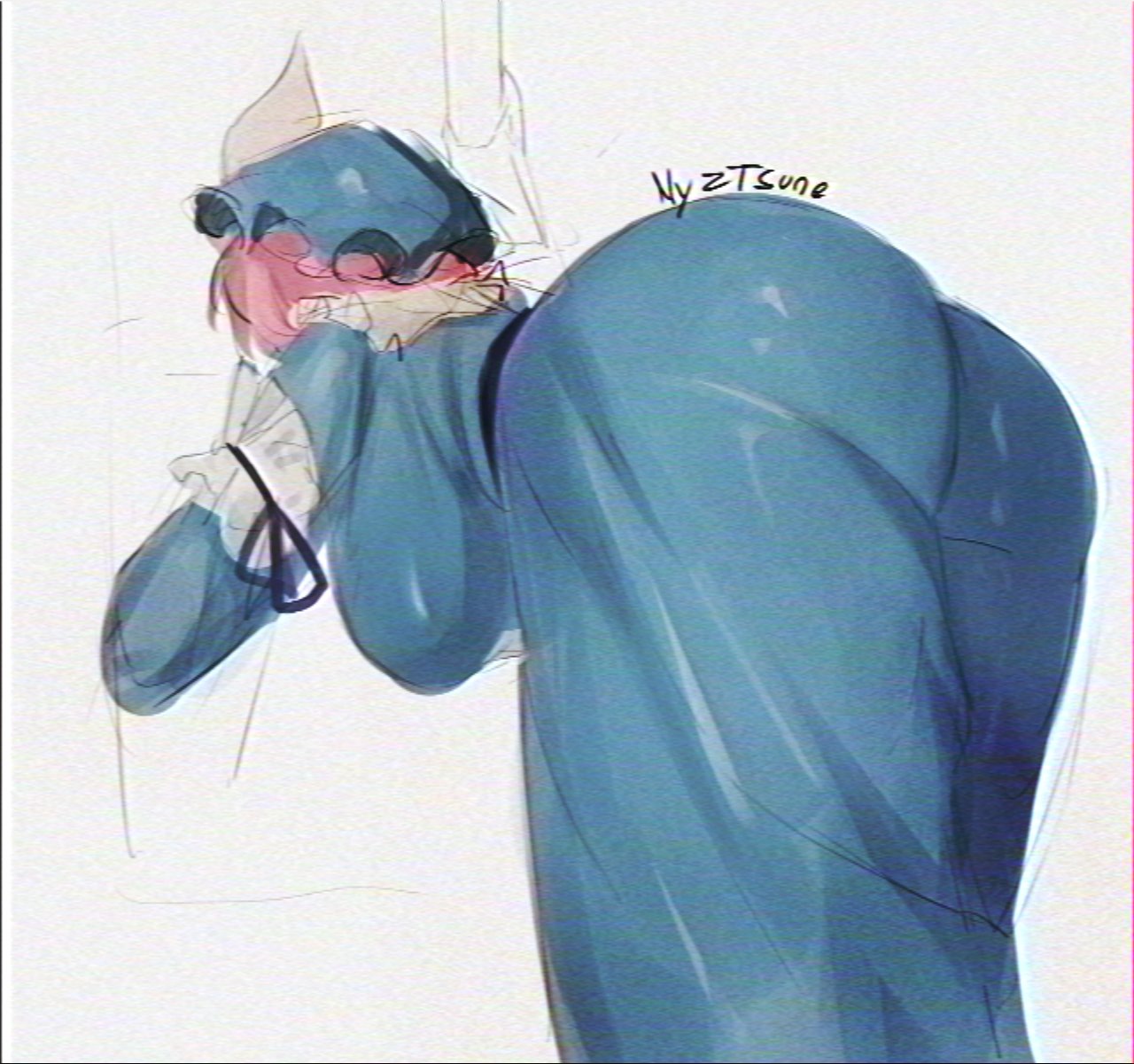 nagilamagykalz, saigyouji yuyuko, touhou, bad id, bad twitter id, highres, inactive account, 1girl, ass, bent over, blue dress, blue hat, breasts, dress, from behind, from side, hanging breasts, hat, large breasts, leaning forward, mob cap, pink hair, triangular headpiece