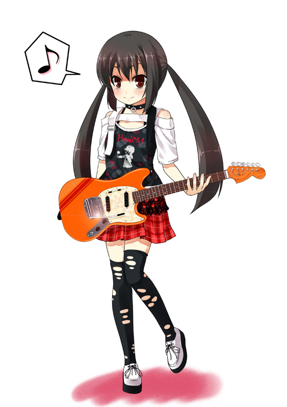 kouji (campus life), nakano azusa, k-on!, 00s, 1girl, blush, brown eyes, brown hair, child, collar, female focus, flat chest, guitar, instrument, long hair, musical note, mustang (guitar), quaver, skirt, smile, solo, speech bubble, spoken musical note, thighhighs, torn clothes, torn thighhighs, twintails, zettai ryouiki