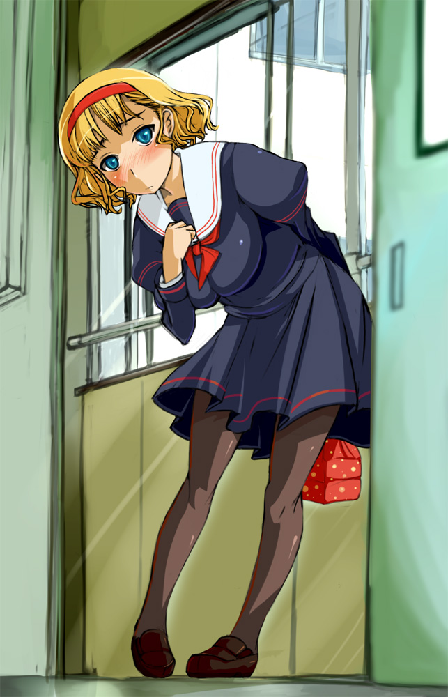 nomiya37564, bento, blonde hair, blue eyes, blush, hairband, legs, pantyhose, school uniform, short hair, solo
