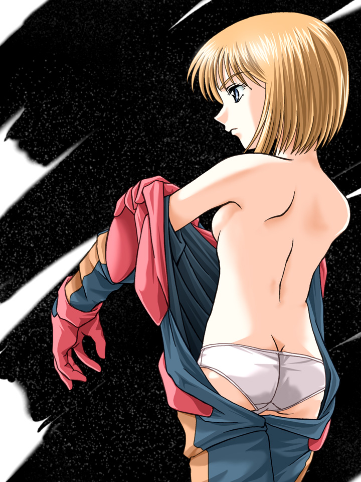 zummy, puru two, gundam, gundam zz, bad id, bad pixiv id, 1girl, ass, back, blonde hair, blue eyes, bodysuit, breasts, female focus, from behind, gloves, orange hair, panties, short hair, sideboob, solo, space, topless female, underwear, undressing, white panties, window