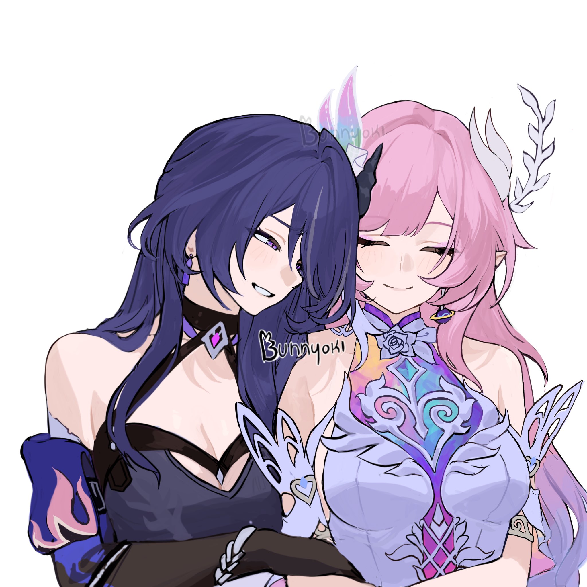 bunnyoki, acheron (honkai: star rail), cyrene (honkai: star rail), cyrene (ripples of past reverie) (honkai: star rail), honkai: star rail, honkai (series), hashtag-only commentary, highres, 2girls, artist name, bare shoulders, breasts, cleavage, closed eyes, crop top, detached sleeves, dress, large breasts, long hair, multiple girls, pink hair, pointy ears, purple eyes, purple hair, simple background, smile, upper body, very long hair, white background, white dress, white hair, yuri