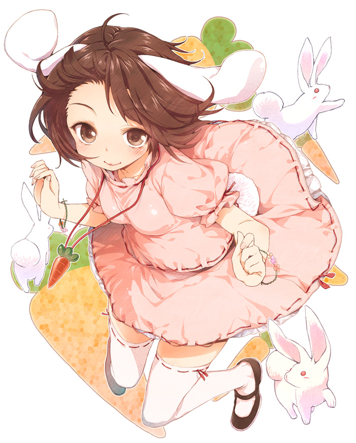 buriki, inaba tewi, touhou, bad id, bad pixiv id, 1girl, animal ears, bracelet, brown eyes, brown hair, carrot, female focus, foreshortening, full body, jewelry, mary janes, pendant, rabbit, rabbit ears, rabbit girl, rabbit tail, ribbon-trimmed clothes, ribbon-trimmed legwear, ribbon trim, shoes, short hair, short sleeves, smile, solo, tail, thighhighs, white thighhighs