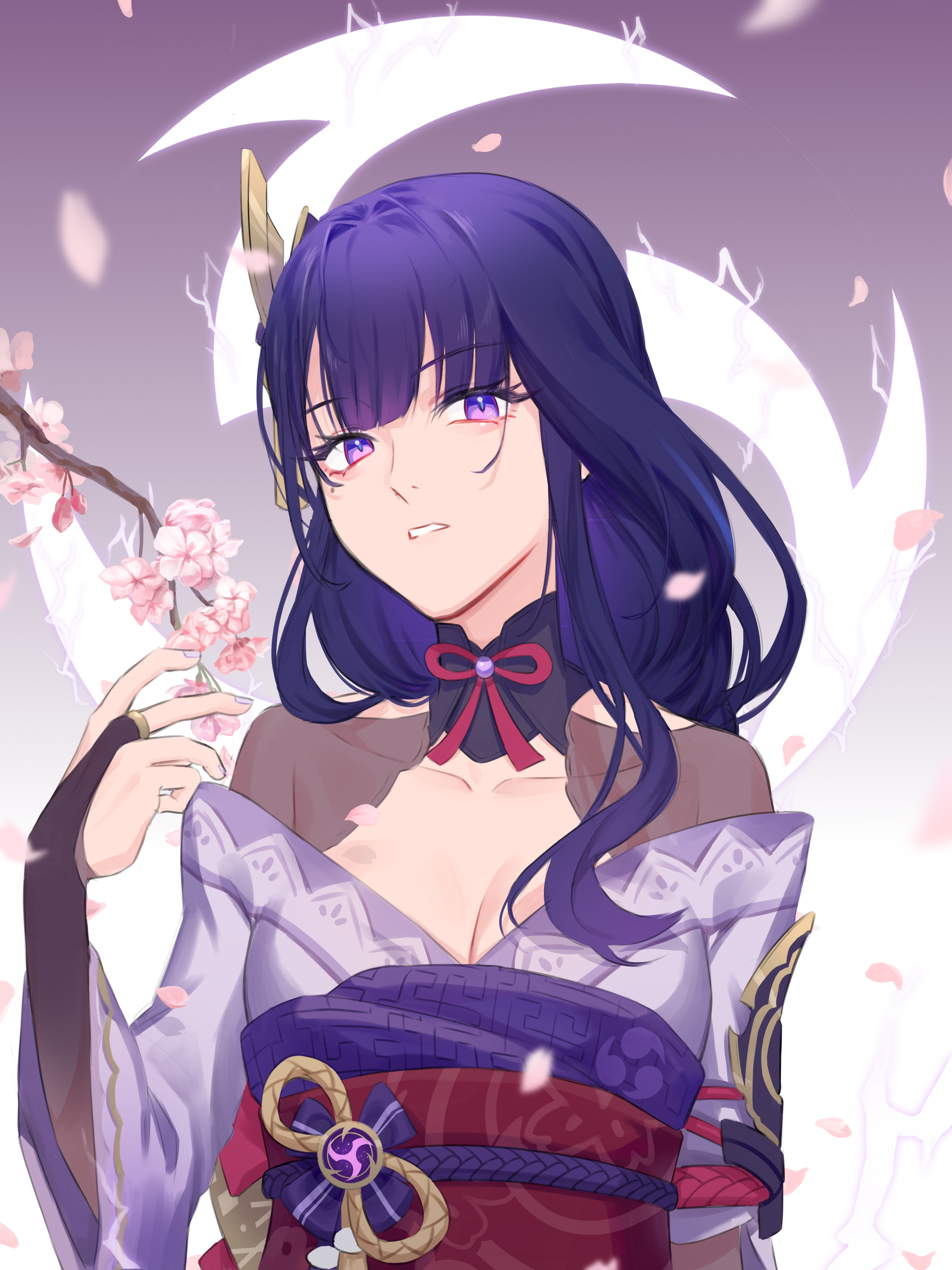 sabergoetia, raiden shogun, genshin impact, absurdres, commentary, english commentary, highres, 1girl, armor, asymmetrical sleeves, blue pupils, blunt bangs, branch, bridal gauntlets, cherry blossoms, clothing cutout, electricity, electro symbol (genshin impact), fan hair ornament, gradient background, gradient hair, hair ornament, head tilt, japanese clothes, kimono, looking at viewer, looking to the side, mitsudomoe (shape), mole, mole under eye, multicolored eyes, multicolored hair, off shoulder, parted lips, purple eyes, purple kimono, red sash, sash, shade, shoulder armor, shoulder cutout, solo, standing, teeth, tomoe (symbol), uneven sleeves, upper body, wide sleeves