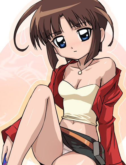 haruyama kazunori, kyuumori rei, duel masters, shinseki duel masters flash, 1girl, ahoge, bare shoulders, belt, belt pouch, belt skirt, blue eyes, blunt bangs, breasts, brown hair, card, cleavage, crop top, cropped jacket, duel masters flash, expressionless, female focus, holding, holding card, jacket, jewelry, kukami rei, leg up, legs, long sleeves, looking at viewer, midriff, miniskirt, navel, necklace, off shoulder, open clothes, open jacket, outline, panties, pantyshot, parted bangs, pendant, pouch, short hair, sitting, skirt, solo, strapless, tube top, underwear, upskirt, white panties