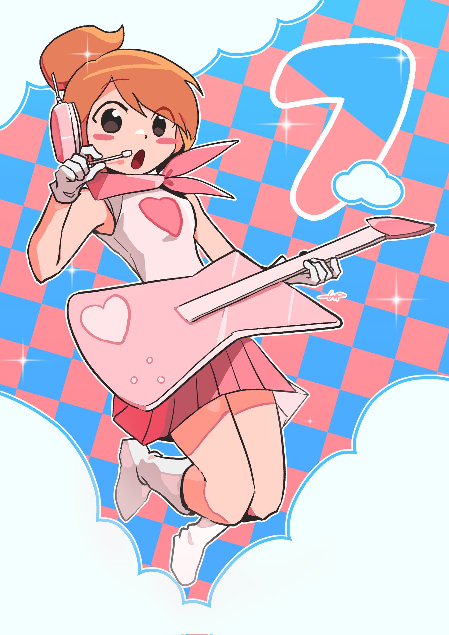 jangbar rhythm, rhythm tengoku, character request, highres, 1girl, bandana, bandana around neck, black eyes, boots, brown hair, checkered background, cloud, electric guitar, full body, gloves, guitar, headset, heart, heart print, high ponytail, holding, holding guitar, holding instrument, instrument, looking at viewer, open mouth, pink bandana, pink shirt, pink skirt, pleated skirt, ponytail, print shirt, shirt, short hair, short ponytail, skirt, sleeveless, sleeveless shirt, solo, white boots, white gloves