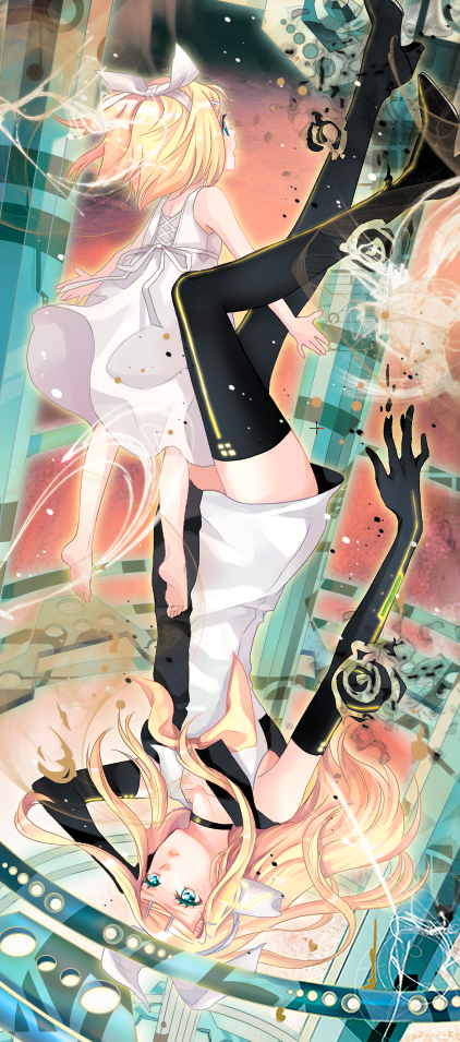 cocoon (loveririn), kagamine rin, kagamine rin (roshin yuukai), meltdown, roshin yuukai (vocaloid), vocaloid, bad id, bad pixiv id, aqua eyes, black thighhighs, blonde hair, boots, choker, dress, dual persona, elbow gloves, gloves, hair ornament, hair ribbon, hairclip, long hair, ribbon, sailor dress, thigh boots, thighhighs
