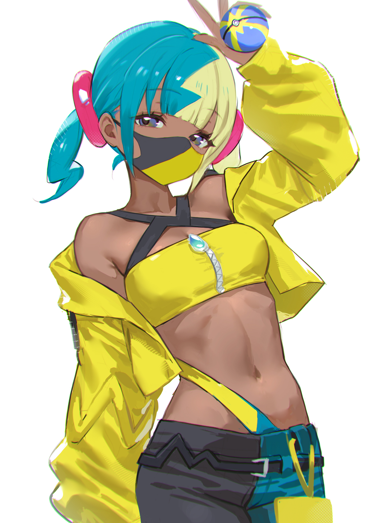 adelie cat, canari (pokemon), nintendo, pokemon, pokemon legends: z-a, highres, revision, 1girl, aqua hair, arm up, armpit crease, blonde hair, blue eyes, breasts, cowboy shot, crop top, cropped jacket, dark-skinned female, dark skin, holding, holding poke ball, jacket, looking at viewer, mask, mouth mask, multicolored hair, pants, poke ball, short twintails, simple background, solo, split-color hair, twintails, two-tone hair, w, white background, yellow jacket