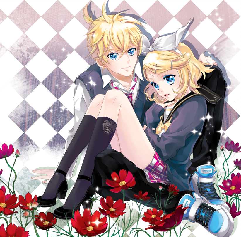 cocoon (loveririn), kagamine len, kagamine rin, vocaloid, bad id, bad pixiv id, 1boy, 1girl, blazer, blonde hair, blue eyes, brother and sister, flower, hair ornament, hair ribbon, hairclip, high heels, jacket, kneehighs, necktie, ribbon, school uniform, serafuku, short hair, siblings, sitting, skirt, socks, strappy heels, twins