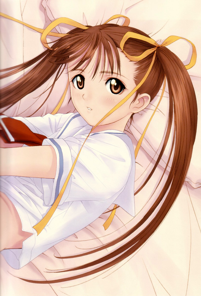 tony taka, dengeki hime, highres, 1girl, blush, brown eyes, brown hair, female focus, ribbon, school uniform, solo, twintails