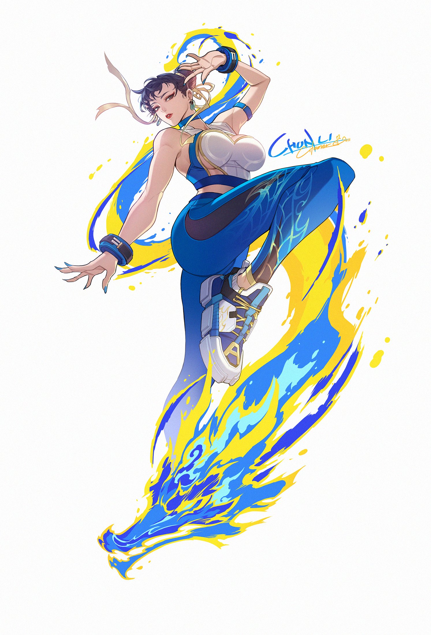 citemer, chun-li, capcom, street fighter, commentary, highres, 1girl, alternate costume, armlet, armpits, artist name, ass, aura, bicep strap, blue choker, blue leggings, blue nails, bracelet, breasts, brown eyes, brown hair, bun cover, character name, chinese clothes, choker, crop top, double bun, dragon, dynamic pose, earrings, eastern dragon, eyeliner, fingernails, hair bun, hair ornament, impossible clothes, jewelry, large breasts, leg up, leggings, lips, lipstick, makeup, muscular, muscular female, nail polish, parted lips, red eyeliner, shoes, signature, simple background, skin tight, sneakers, solo, thighs, underboob
