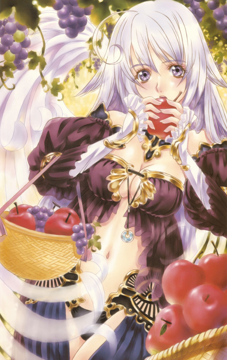 dengeki hime, highres, 1girl, apple, black panties, breasts, cleavage, eating, female focus, food, fruit, grapes, holding, holding food, holding fruit, large breasts, panties, solo, underwear, white hair