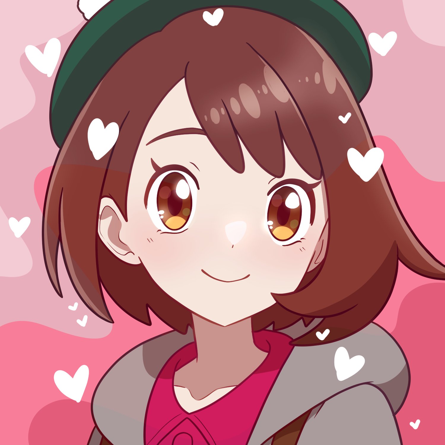 muis0802, gloria (pokemon), nintendo, pokemon, pokemon swsh, highres, 1girl, brown eyes, brown hair, cardigan, closed mouth, collared dress, dress, eyelashes, green hat, grey cardigan, happy, hat, heart, hood, hood down, hooded cardigan, pink dress, short hair, smile, solo, tam o' shanter, upper body