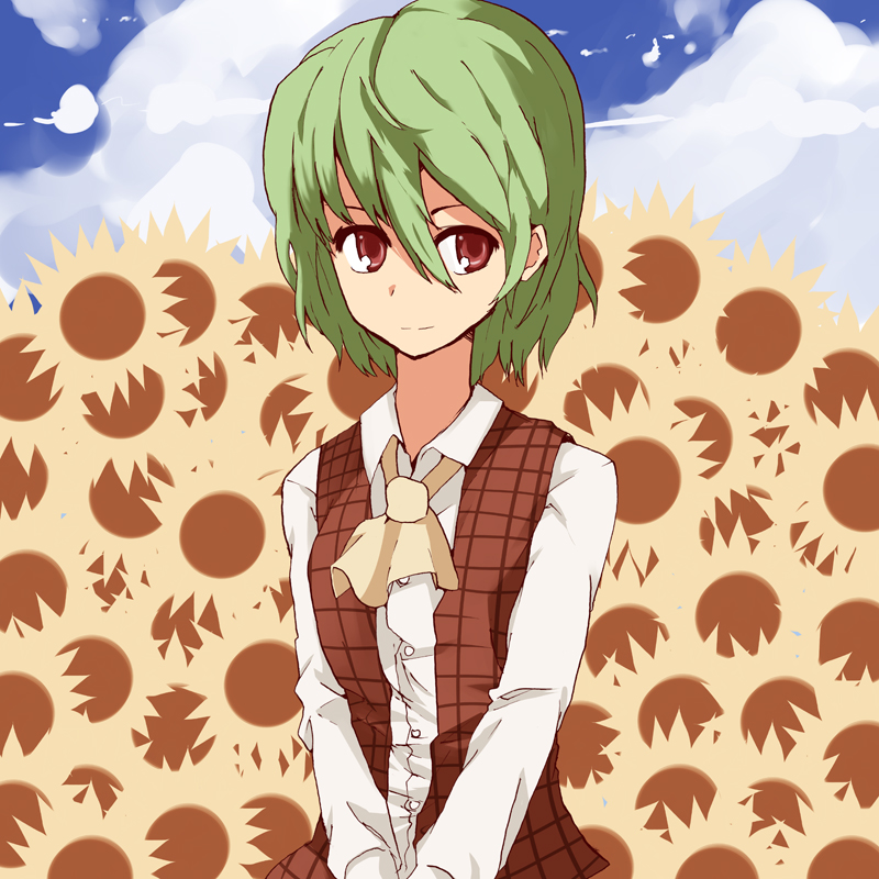 mieharu, kazami yuuka, touhou, 1girl, ascot, dress shirt, female focus, flower, green hair, light smile, plaid clothes, plaid vest, red eyes, shirt, short hair, solo, sunflower, upper body, v arms, vest