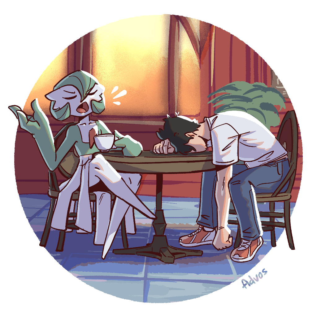 advos, gardevoir, nintendo, pokemon, 1boy, artist name, bob cut, chair, closed eyes, colored skin, cup, dress, gen 3 pokemon, green hair, green skin, holding, holding cup, multicolored skin, on chair, open mouth, pants, pokemon (creature), shirt, signature, sitting, table, teacup, two-tone skin, white dress, white shirt, white skin