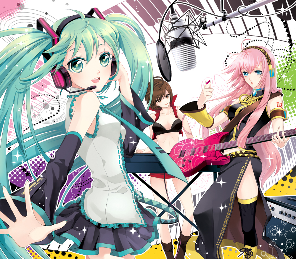 cocoon (loveririn), hatsune miku, megurine luka, meiko (vocaloid), vocaloid, bad id, bad pixiv id, 3girls, ahoge, aqua eyes, bikini, bikini top only, blue eyes, breasts, brown eyes, brown hair, cleavage, detached sleeves, dress, electric guitar, green eyes, green hair, guitar, headphones, instrument, long hair, looking back, microphone, microphone stand, midriff, multiple girls, navel, necktie, open mouth, pink hair, short hair, side slit, skirt, smile, sparkle, studio microphone, swimsuit, thighhighs, twintails, very long hair