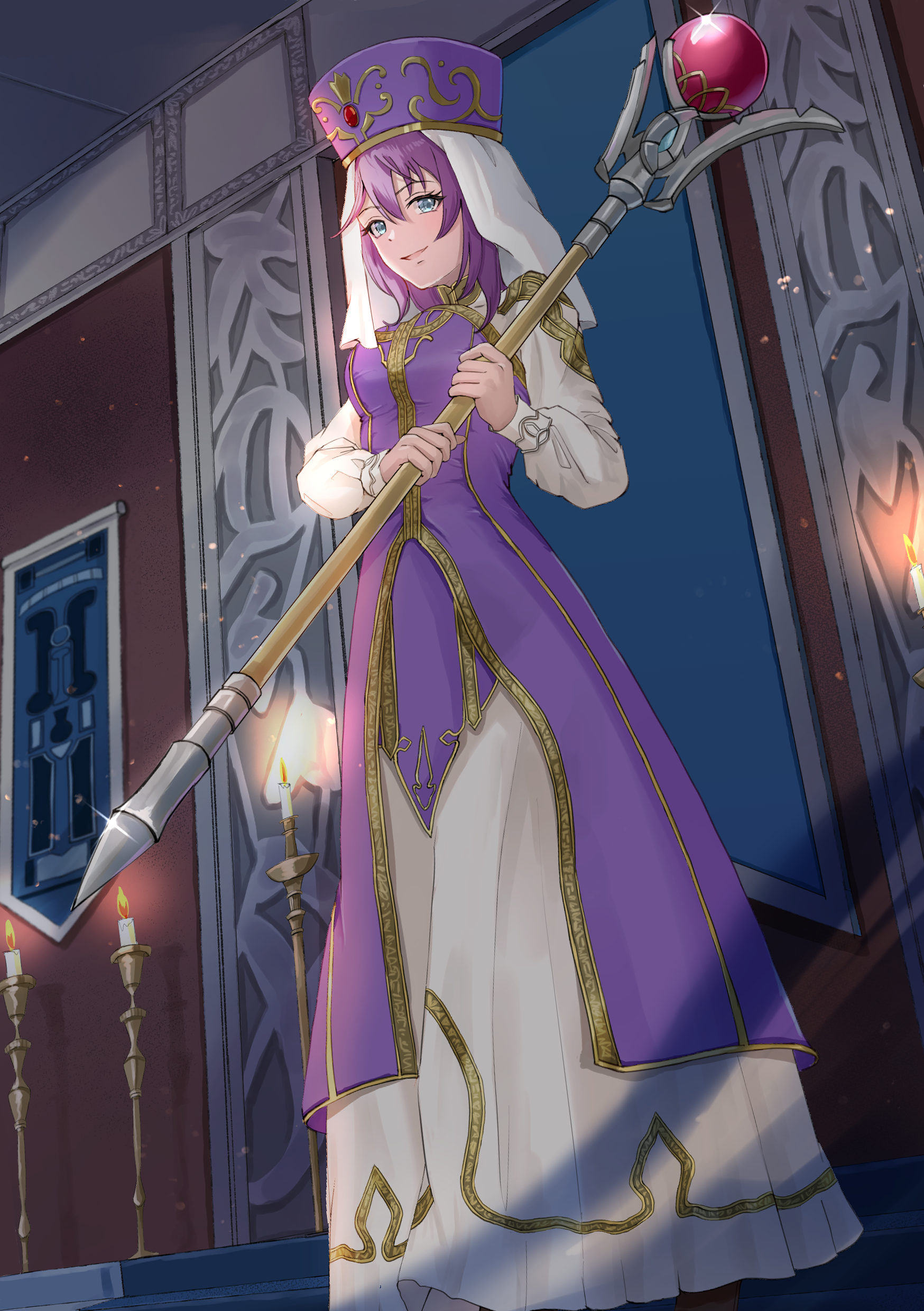 mugitoro (dsfv2277), eremiya (fire emblem), fire emblem, fire emblem: new mystery of the emblem, nintendo, absurdres, commission, highres, skeb commission, 1girl, blue eyes, breasts, candlelight, candlestand, dress, hat, holding, holding staff, large breasts, long dress, purple dress, purple hair, purple hat, smile, solo, staff, veil, white veil