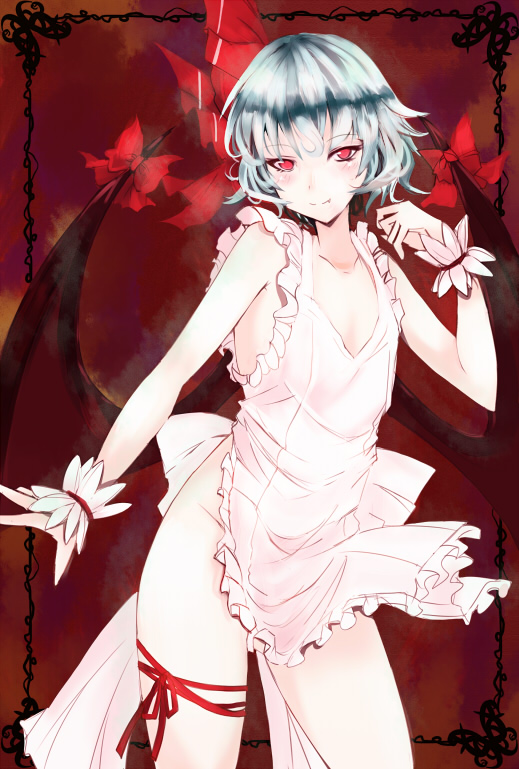 takaharu, remilia scarlet, touhou, bad id, bad pixiv id, 1girl, apron, bat wings, blue hair, bow, female focus, naked apron, red eyes, ribbon, short hair, solo, wings, wrist cuffs