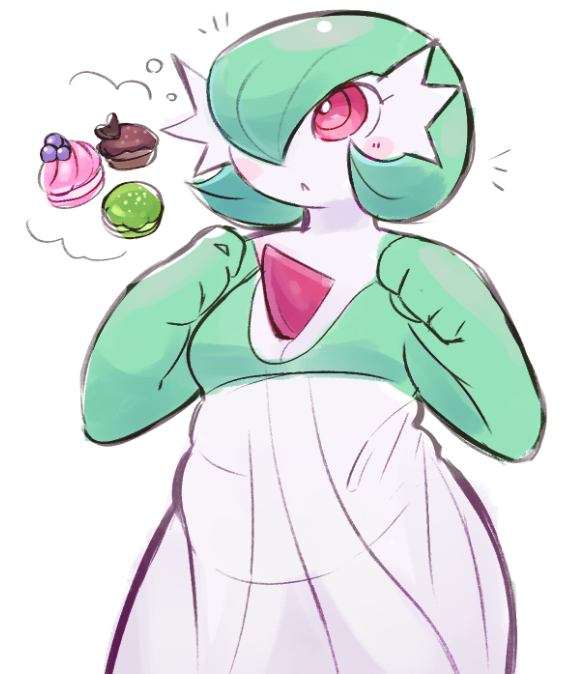 gardevoir, nintendo, pokemon, blush, bob cut, colored skin, gen 3 pokemon, green hair, green skin, hair over one eye, meowvivis, multicolored skin, pink eyes, plump, poffin, pokemon (creature), simple background, sketch, speech bubble, thought bubble, two-tone skin, white background, white skin