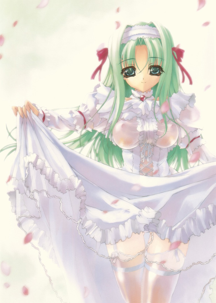 dengeki hime, highres, 1girl, breasts, choker, clothes lift, dress, dress lift, female focus, frills, garter belt, garter straps, green eyes, green hair, hair ribbon, hairband, lingerie, matching hair/eyes, petals, petticoat, ribbon, see-through clothes, skirt hold, smile, solo, thighhighs, underwear, white thighhighs