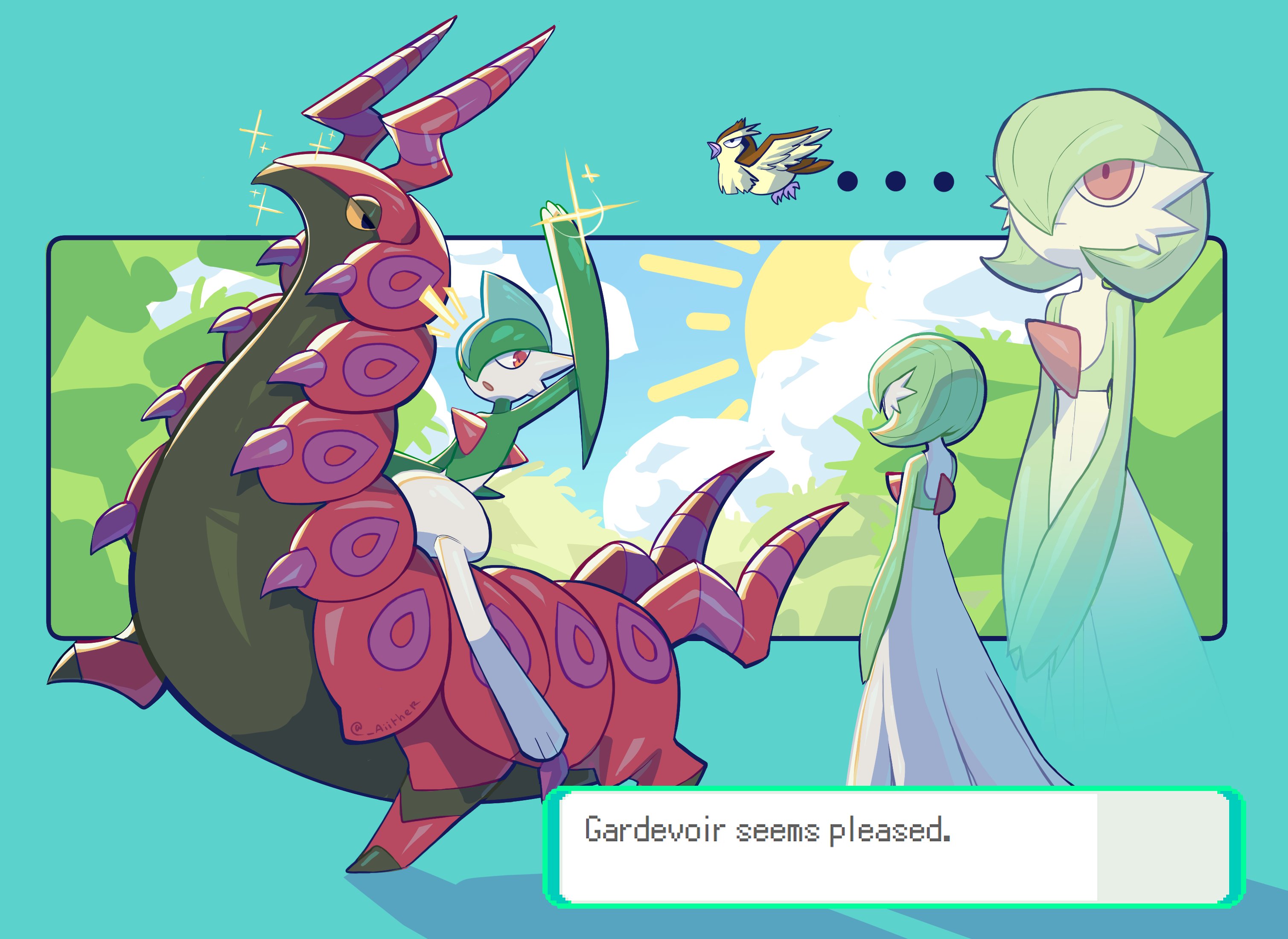 aiither, gallade, gardevoir, pidgey, scolipede, nintendo, pokemon, highres, …, bird, blue background, bob cut, colored skin, dialogue box, dress, gen 1 pokemon, gen 3 pokemon, gen 4 pokemon, gen 5 pokemon, green hair, green skin, hair over one eye, horns, multicolored skin, pink eyes, pokemon (creature), riding, riding pokemon, sparkle, two-tone skin, white dress, white skin