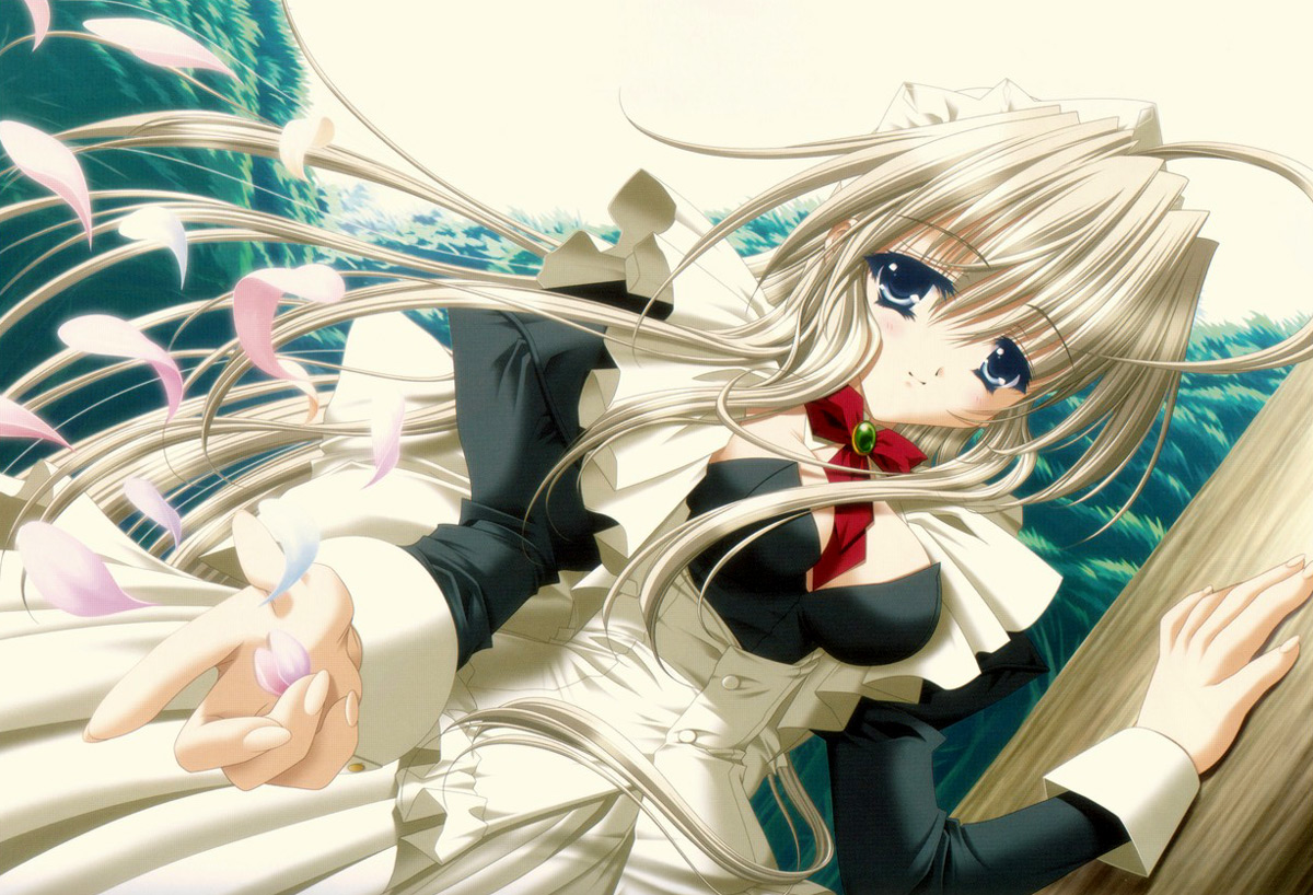 dengeki hime, 1girl, blonde hair, blush, breasts, cleavage, female focus, large breasts, long hair, maid, maid headdress, petals, ribbon, smile, solo